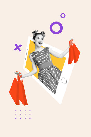 Vertical creative photo image young happy girl shopaholic addicted buyer sales promotion low prices...