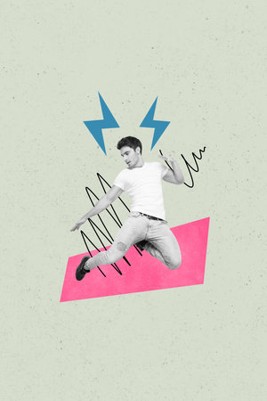 Vertical creative picture collage of funny man elegant moves jumping trampoline advertising basic...