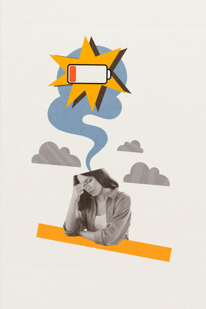 Vertical creative photo collage of woman with no energy low battery overworking burnout exhausted...