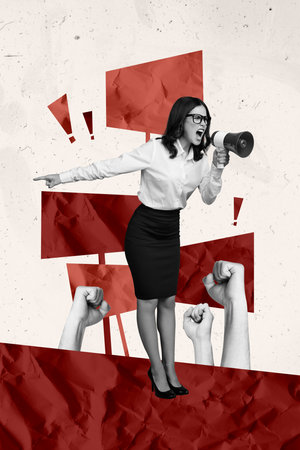 Vertical collage picture young businesswoman lady scream loudspeaker protest labor rights demonstration employees strikeの写真素材