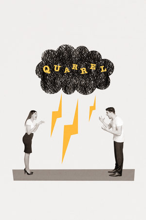 Vertical photo collage of young couple yelling scream at each other aggressive conflict thunder...