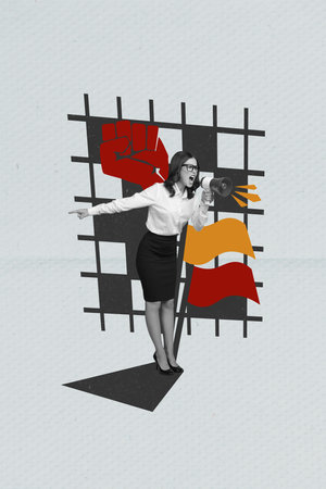 Collage artwork picture of furious angry worker lady screaming toa participating protest isolated grey color backgroundの写真素材