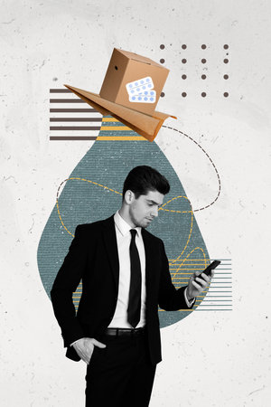 Vertical collage poster standing young successful businessman look smartphone send sms message delivery via wireless email correspondenceの写真素材
