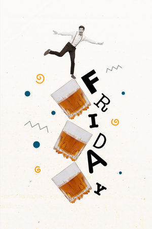 Vertical photo collage of excited young guy in formal wear stand on stack of drinks glasses friday weekend party leisure relax carefreeの写真素材