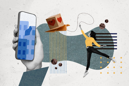 Photo collage image young dancing girl jump carton charity box huge smartphone touchscreen remote social network drawing backgroundの写真素材