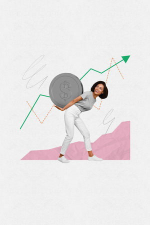 Vertical creative collage image strong leadership beautiful lady carry heavy big coin income arrow chart up exclusive white backgroundの写真素材