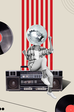 Vertical collage picture illustration black white filter headless woman disco ball retro dance oldschool party unusual colorful templateの写真素材