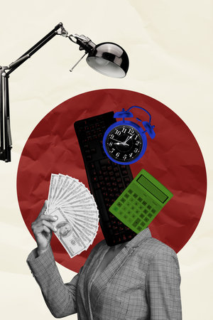 Vertical collage businesswoman lady suit hold dollar cash banknotes rich wealth headless keyboard instead face alarm clock lamp accountantの写真素材