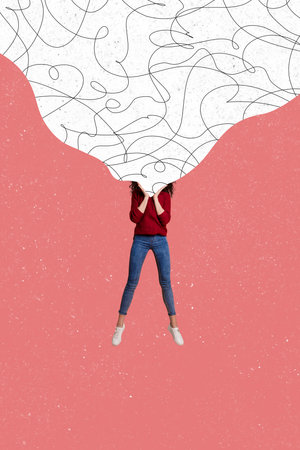 Vertical creative collage poster young girl psychology mental issues therapy medical care help...