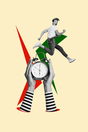 Vertical creative collage image of funny scared man running hands hold alarm clock timer weird freak bizarre unusual fantasy billboardの写真素材