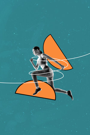 Vertical collage creative poster image serious fast strong young woman championship line exclusive...