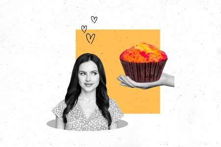 Collage pop retro sketch image of dreamy lady thinking eating tasty cupcake isolated white color backgroundの写真素材