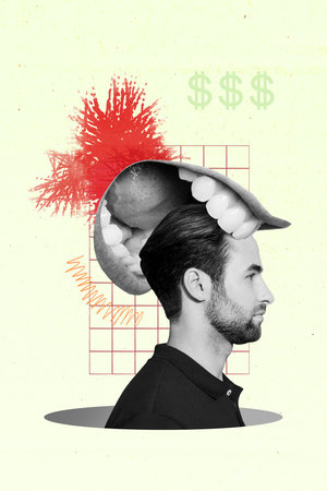 Collage image of handsome man rich businessman thinking money income profit isolated on creative backgroundの写真素材