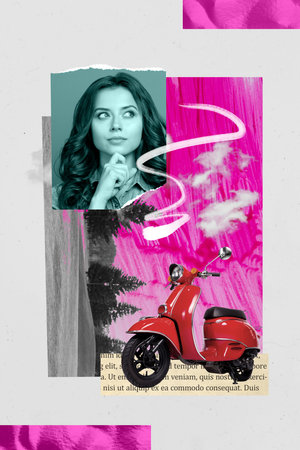 Creative artwork collage of thoughtful girl decide choose eco friendly transport for travelの写真素材