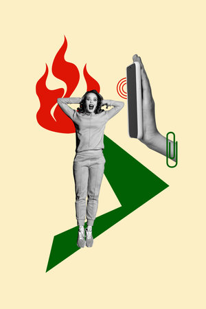 Vertical creative collage poster young stressed girl worker suffer overloaded phone ring pressure overwhelmed ignore avoid burning flameの写真素材