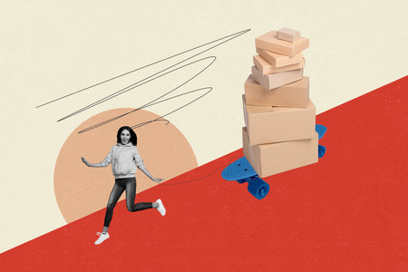 Collage creative illustration poster black white effect excited happy fast young woman run delivery skateboard ride sketch colorful bannerの写真素材