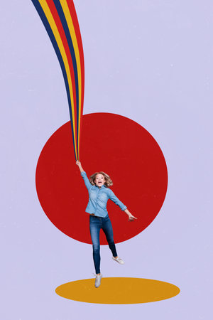 Vertical creative collage poster young happy amazed girl shouting emotional expression catch colorful stripe drawing backgroundの写真素材
