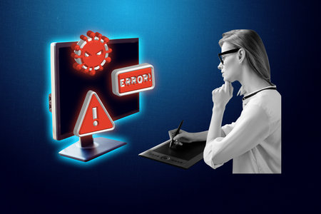 Creative trend collage of computer monitor fake phishing spam fraud hacker programmer female weird...
