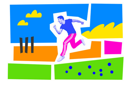 Creative photo collage young excited sportive guy runner fast marathon competition bodycare race colorful drawing backgroundの写真素材