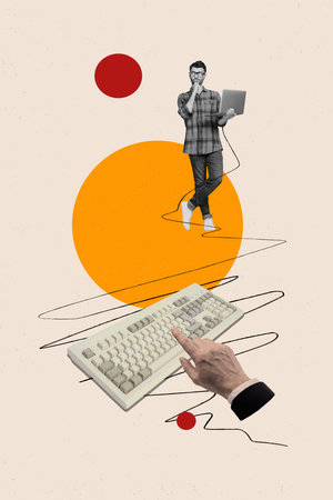 Vertical collage of mini minded black white effect guy use laptop contemplate big arm finger press keyboard button isolated on beige backgroundの写真素材