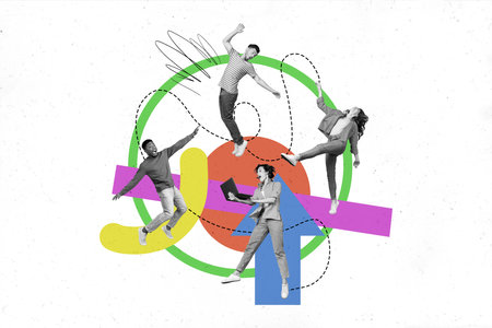 Horizontal abstract photo collage of black white gamma overjoyed young team community cooperate for work development have fun levitateの写真素材