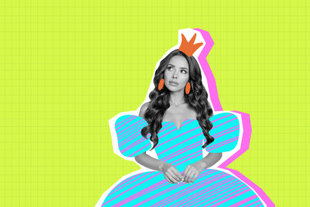 Composite photo collage of queen kingdom wearing blue striped dress in crown look dreamy empty space isolated over green backgroundの写真素材