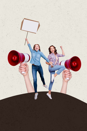 Creative vertical collage image young two girls protesting demonstration showing support against woman rights proclaim loudspeakerの写真素材