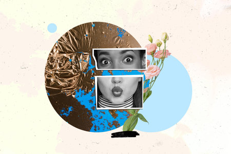 Collage picture of adorable lovely woman blowing lips plastic surgery beauty concept isolated on creative backgroundの写真素材