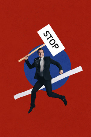 Vertical collage creative illustration image happy smile enjoy young man office hold placard protest demonstration stop red backgroundの写真素材