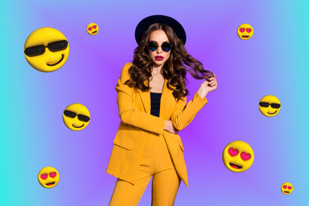 Creative abstract template collage of girl model successful influencer emoji emoticon weird freak bizarre unusual fantasy billboardの写真素材