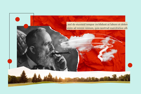 Luxurious lifestyle concept collage of successful businessman smoking and looking at beautiful forest view isolated on blue backgroundの写真素材