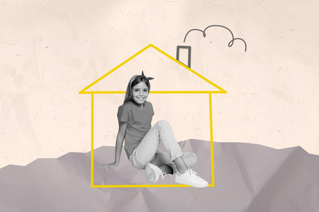 Photo collage picture small young kid girl sitting inside house home prosperity roof comfort settlement indoor accommodation enjoymentの写真素材