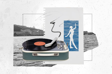Collage picture of painted paper page mini girl dancing big vinyl record player water seaside buildings isolated on creative backgroundの写真素材