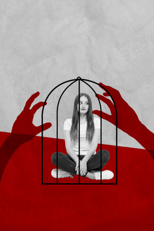 Vertical creative collage banner young sitting girl victim birdcage trapped human villain arms catch capture hurt drawing backgroundの写真素材