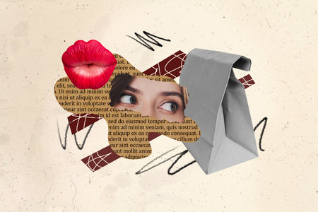 Collage image poster of beautiful woman looking paper package tasty food meal takeaway isolated on...