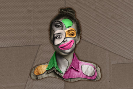 Collage image picture of young woman with three eyes feeling bad isolated on grey color background