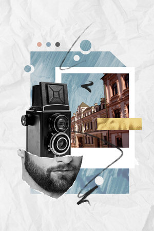 Vertical collage of black white colors cropped guy face vintage photo camera city buildings isolated on painted paper backgroundの写真素材