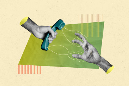 Collage creative poster black white filter two human hands retro telephone hold rope bound arm...