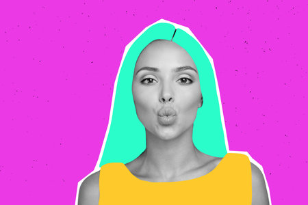 Creative 3d photo artwork graphics collage painting of flirty sweet lady sending you kiss isolated drawing neon pink color backgroundの写真素材