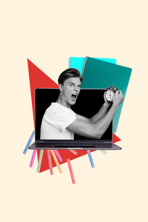 Vertical collage poster image monochrome effect aggressive furious stressful young man work study...