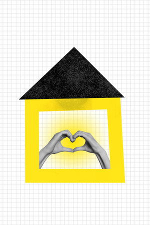 Vertical collage picture illustration minimalist design warm sign gesture hand show heart home cartoon draw empty cell paper backgroundの写真素材