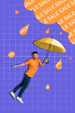Vertical collage brochure young happy man hold umbrella flying discounts rain sales special offer...