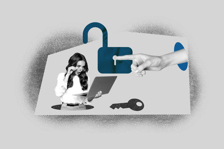 Creative trend collage of surprised female open lock log in password privacy safety computer weird...