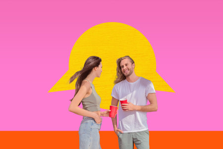 Photo collage of young couple at party hold plastic cups drinking alcohol summer atmosphere outdoors...