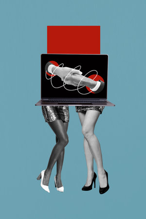 Vertical collage standing gorgeous girls hot attractive figure legs high heels footwear tempting seductive look laptop screen handshakingの写真素材