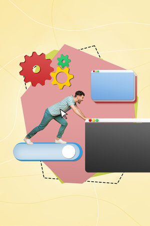 Vertical collage picture illustration successful powerful miniature young man walk move push...