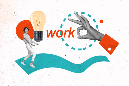 Artwork collage poster of happy successful lady hold carry big lamp bulb arm show okey sign nice job well doneの写真素材