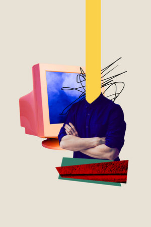 Vertical collage creative poster illustration image headless man worker large computer freelance doodle sketch beige backgroundの写真素材