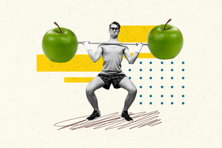 Creative poster collage of funny young man nerd try hard lift barbell apples tasty food healthy lifestyle weird freak bizarre unusualの写真素材