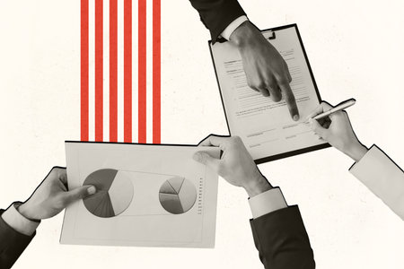 Creative trend collage of businesspeople hands make deal documents diagram business report weird...